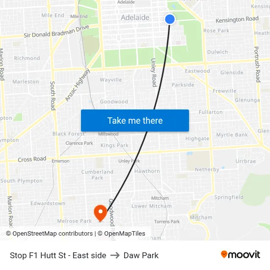 Stop F1 Hutt St - East side to Daw Park map