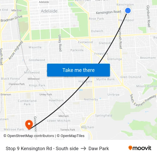 Stop 9 Kensington Rd - South side to Daw Park map