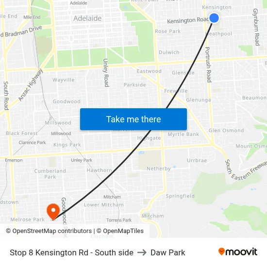 Stop 8 Kensington Rd - South side to Daw Park map