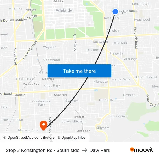 Stop 3 Kensington Rd - South side to Daw Park map
