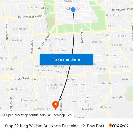 Stop F2 King William St - North East side to Daw Park map