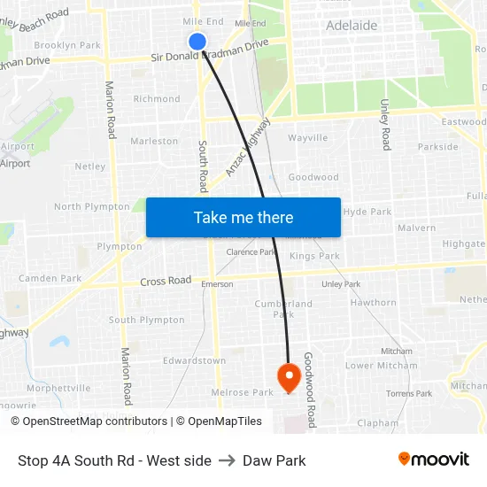 Stop 4A South Rd - West side to Daw Park map