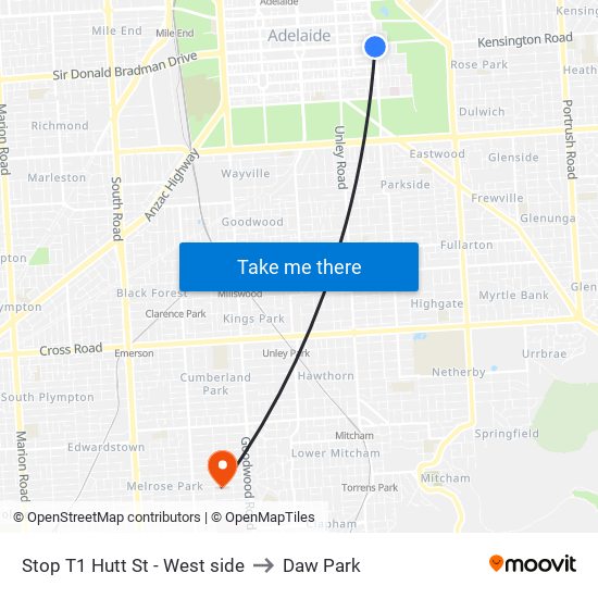 Stop T1 Hutt St - West side to Daw Park map