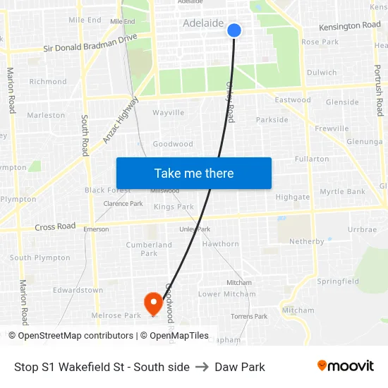 Stop S1 Wakefield St - South side to Daw Park map