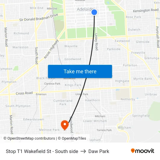 Stop T1 Wakefield St - South side to Daw Park map