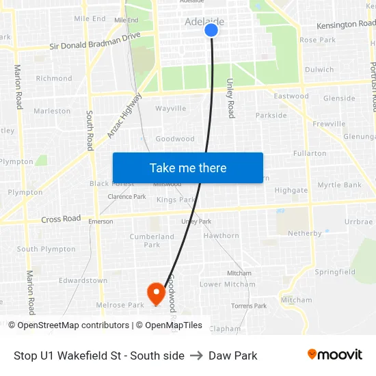 Stop U1 Wakefield St - South side to Daw Park map