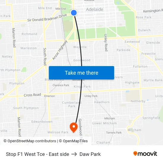 Stop F1 West Tce - East side to Daw Park map