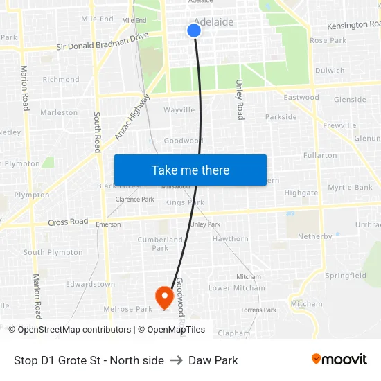 Stop D1 Grote St - North side to Daw Park map