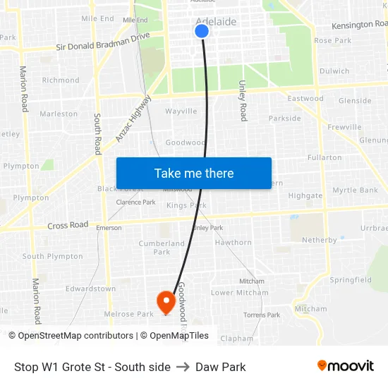 Stop W1 Grote St - South side to Daw Park map
