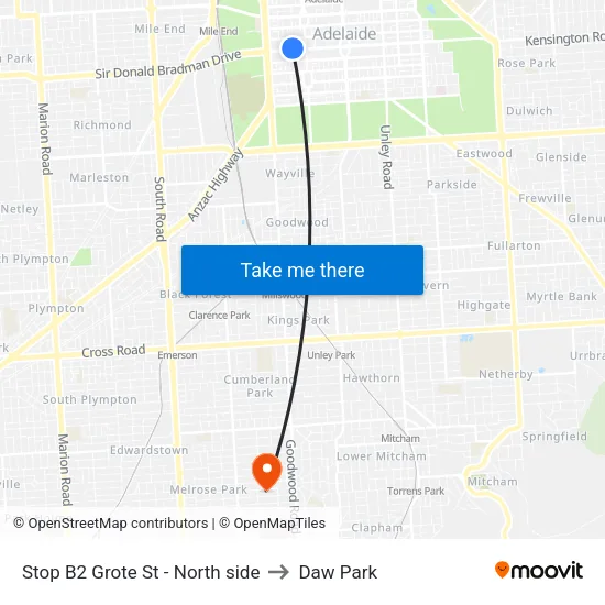 Stop B2 Grote St - North side to Daw Park map