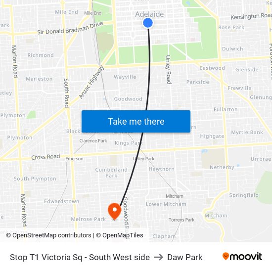 Stop T1 Victoria Sq - South West side to Daw Park map