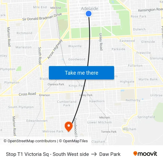 Stop T1 Victoria Sq - South West side to Daw Park map