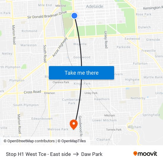 Stop H1 West Tce - East side to Daw Park map