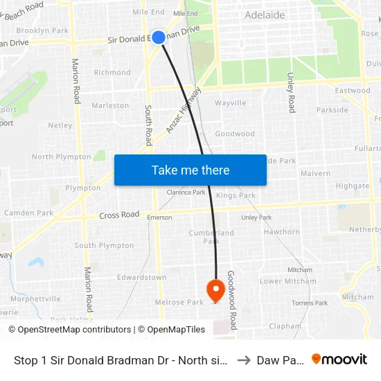 Stop 1 Sir Donald Bradman Dr - North side to Daw Park map