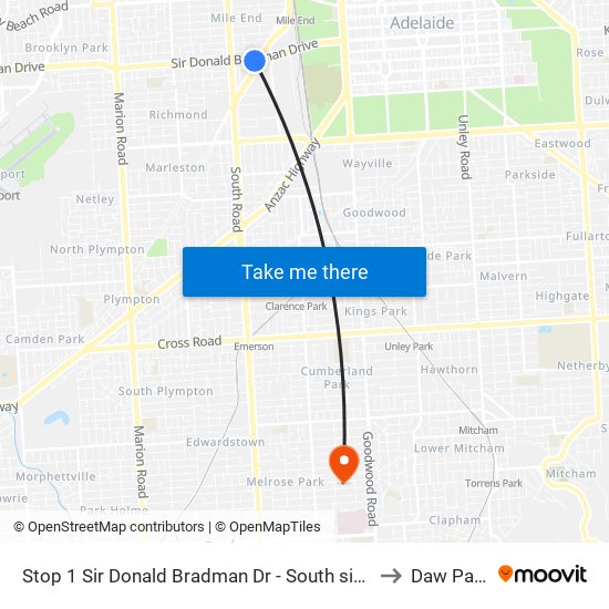 Stop 1 Sir Donald Bradman Dr - South side to Daw Park map