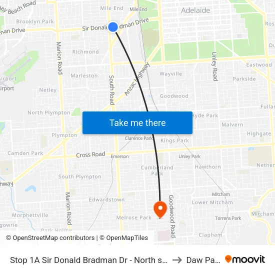 Stop 1A Sir Donald Bradman Dr - North side to Daw Park map