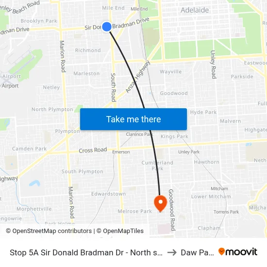 Stop 5A Sir Donald Bradman Dr - North side to Daw Park map