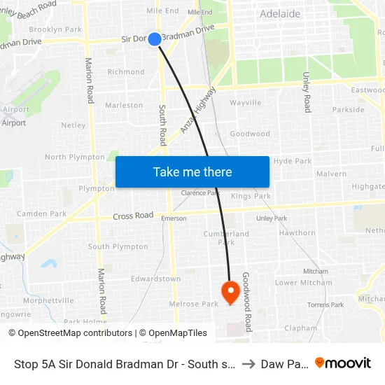 Stop 5A Sir Donald Bradman Dr - South side to Daw Park map