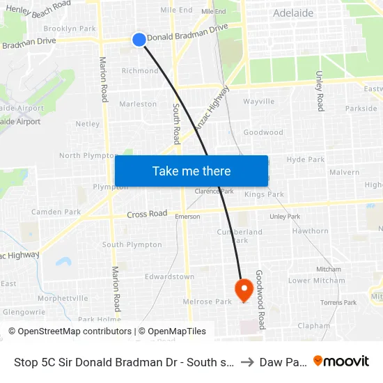 Stop 5C Sir Donald Bradman Dr - South side to Daw Park map