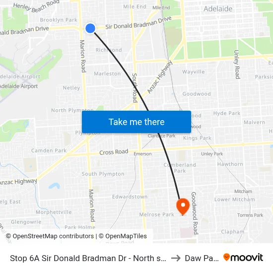 Stop 6A Sir Donald Bradman Dr - North side to Daw Park map