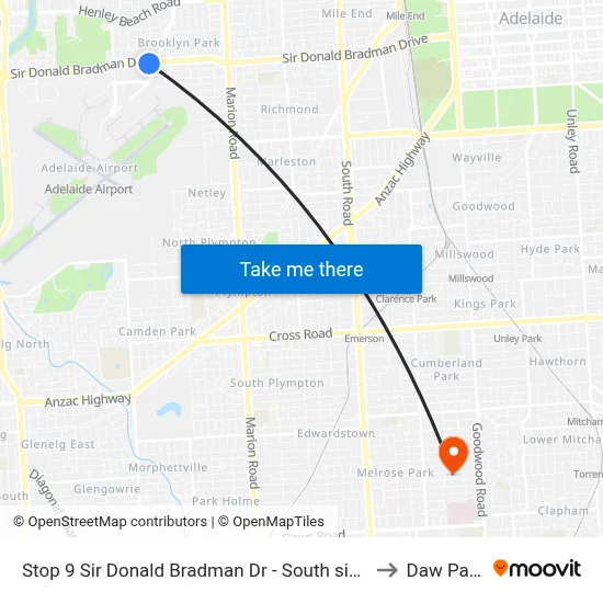 Stop 9 Sir Donald Bradman Dr - South side to Daw Park map