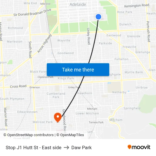 Stop J1 Hutt St - East side to Daw Park map