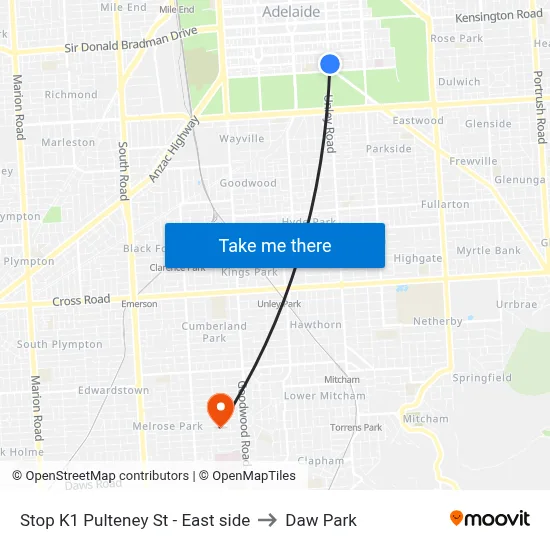 Stop K1 Pulteney St - East side to Daw Park map