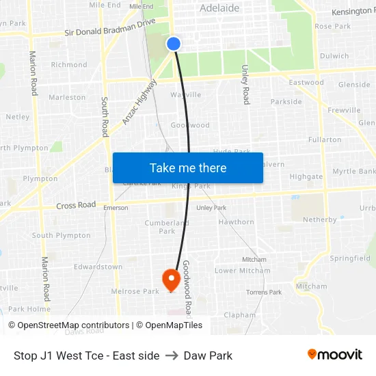 Stop J1 West Tce - East side to Daw Park map