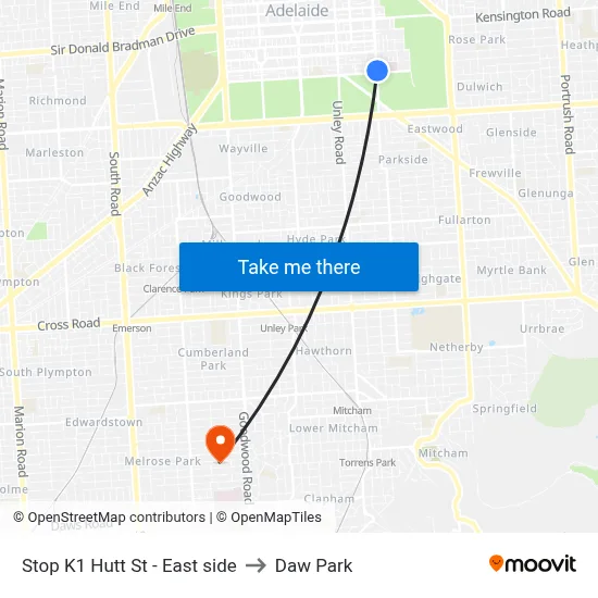 Stop K1 Hutt St - East side to Daw Park map