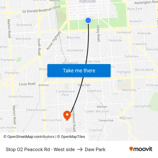 Stop O2 Peacock Rd - West side to Daw Park map