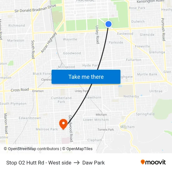 Stop O2 Hutt Rd - West side to Daw Park map