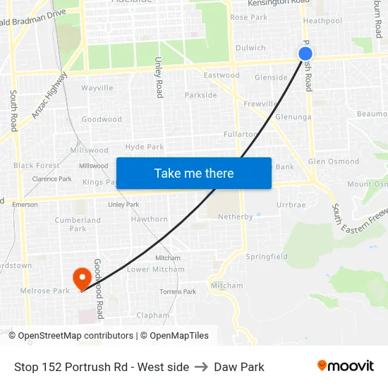 Stop 152 Portrush Rd - West side to Daw Park map