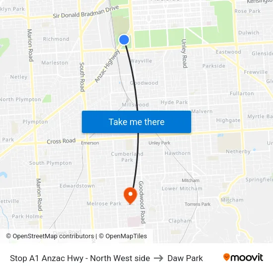 Stop A1 Anzac Hwy - North West side to Daw Park map