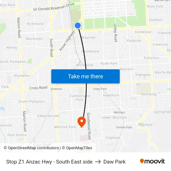 Stop Z1 Anzac Hwy - South East side to Daw Park map