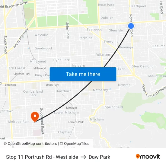Stop 11 Portrush Rd - West side to Daw Park map