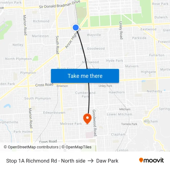 Stop 1A Richmond Rd - North side to Daw Park map