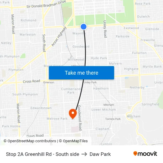 Stop 2A Greenhill Rd - South side to Daw Park map