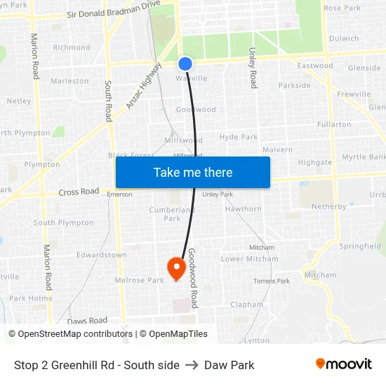 Stop 2 Greenhill Rd - South side to Daw Park map