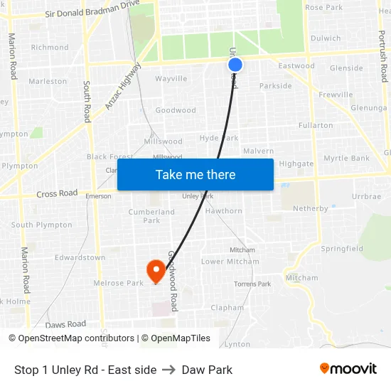 Stop 1 Unley Rd - East side to Daw Park map