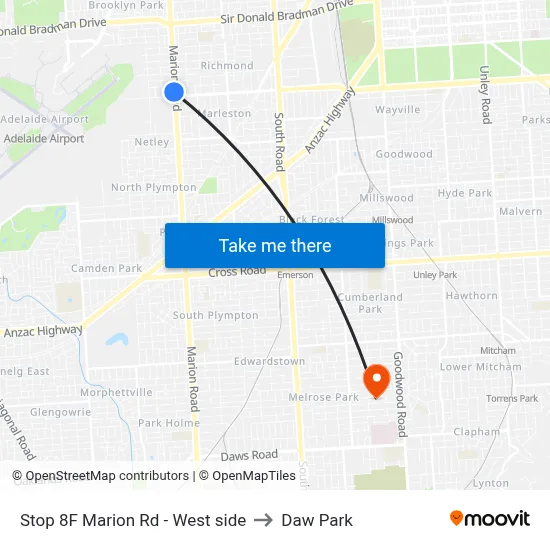Stop 8F Marion Rd - West side to Daw Park map