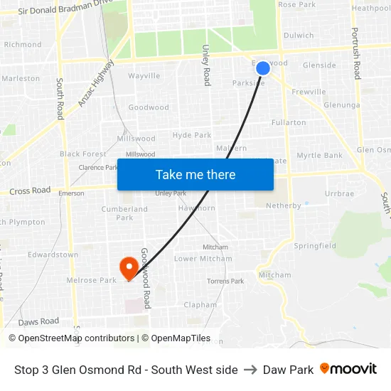 Stop 3 Glen Osmond Rd - South West side to Daw Park map