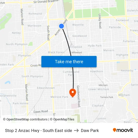 Stop 2 Anzac Hwy - South East side to Daw Park map