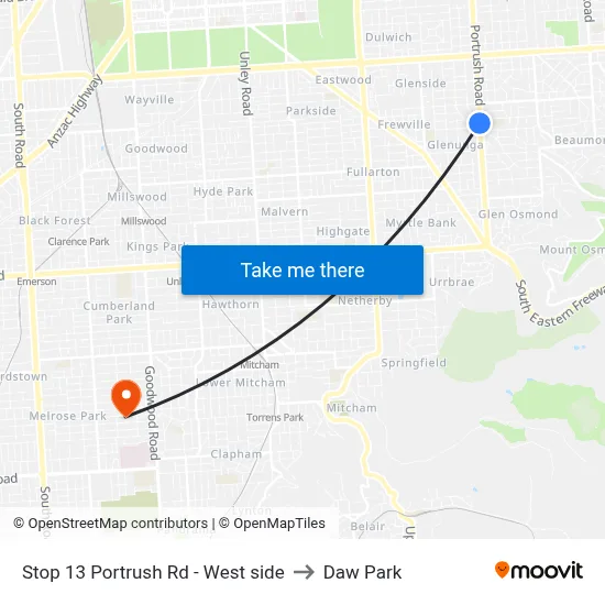 Stop 13 Portrush Rd - West side to Daw Park map