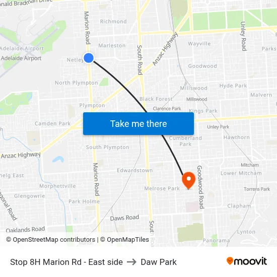 Stop 8H Marion Rd - East side to Daw Park map
