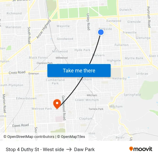 Stop 4 Duthy St - West side to Daw Park map