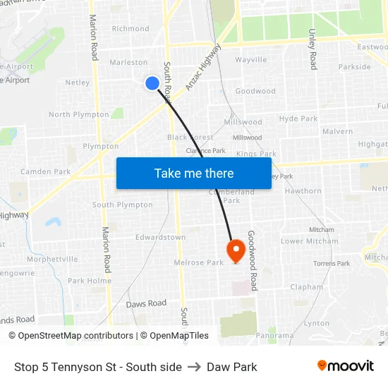 Stop 5 Tennyson St - South side to Daw Park map