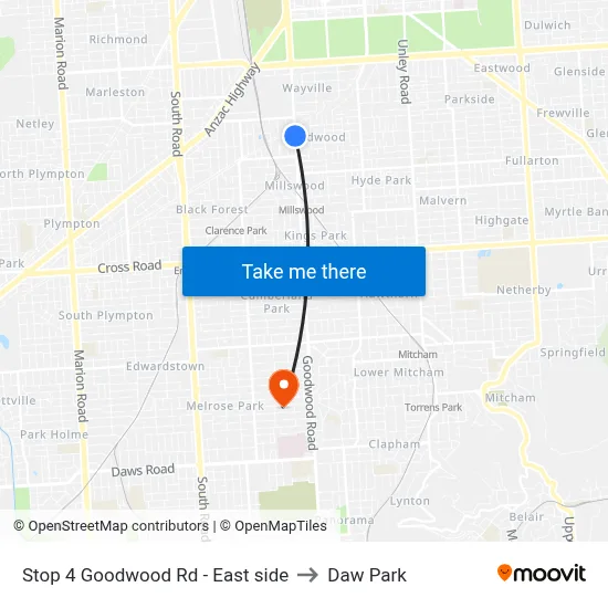Stop 4 Goodwood Rd - East side to Daw Park map