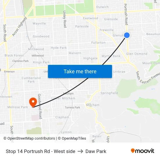 Stop 14 Portrush Rd - West side to Daw Park map
