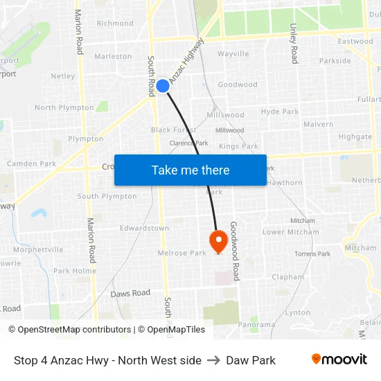 Stop 4 Anzac Hwy - North West side to Daw Park map