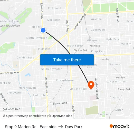 Stop 9 Marion Rd - East side to Daw Park map
